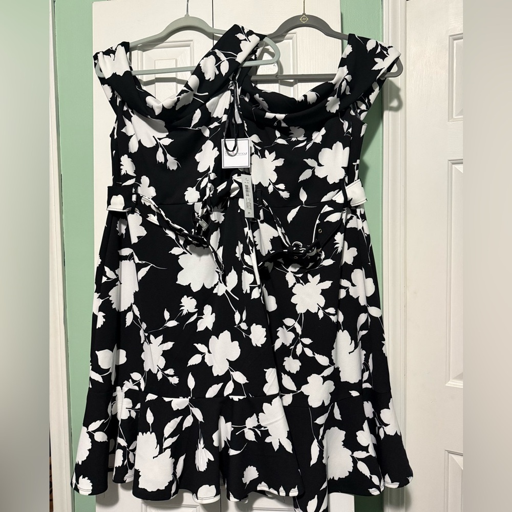 Premier Amour black white floral belted off shoulder ruffle dress 8 10 NWT